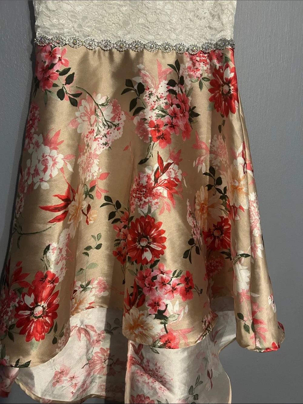 Rare Editions White Lace Bodice Gold Floral High-Low Dress